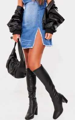 Black PU Round Toe Knee High Block Heeled Sock Boots