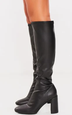 Black PU Round Toe Knee High Block Heeled Sock Boots