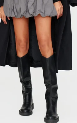 Black Pu Round Toe Knee High Flat Boots