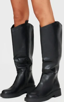 Black Pu Round Toe Knee High Flat Boots