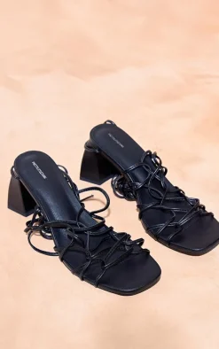 Black PU Round Toe Lace Up Strappy Block Heeled Sandals