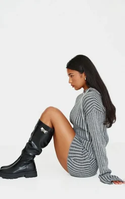 Black PU Round Toe Lock Charm Knee High Boots