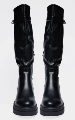 Black PU Round Toe Lock Charm Knee High Boots