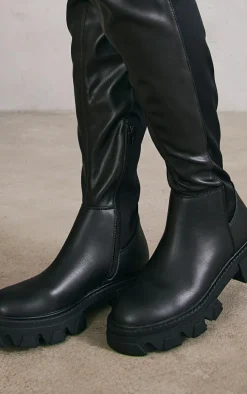 Black PU Round Toe Over The Knee Chunky Boots