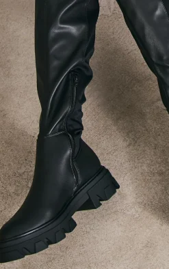 Black PU Round Toe Over The Knee Chunky Boots