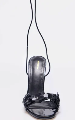 Black PU Round Toe Sequin Flower Lace Up Heeled Sandals