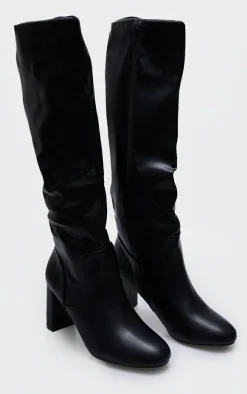 Black PU Round Toe Stitch Detail High Block Heeled Knee Boots