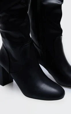 Black PU Round Toe Stitch Detail High Block Heeled Knee Boots