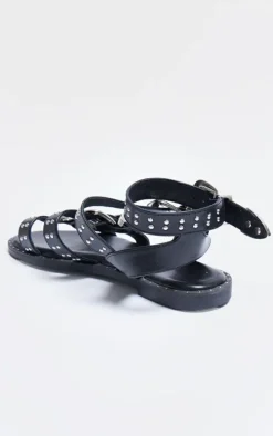 Black PU Round Toe Studded Buckle Detail Gladiator Sandals