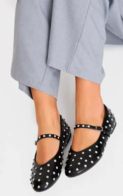 Black Pu Round Toe Studded Ballet Flats