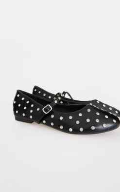 Black Pu Round Toe Studded Ballet Flats