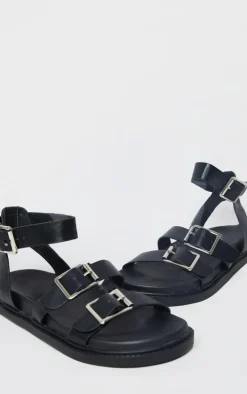 Black PU Square Buckle Detail Sandals