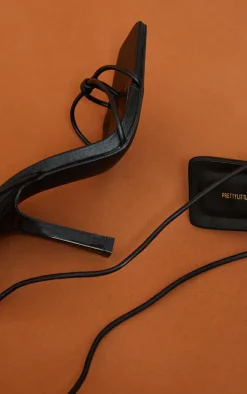 Black PU Square Knot Detail Toe Thong Lace Up High Heeled Sandals