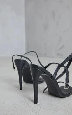Black PU Square Toe Barely There Strappy High Heels