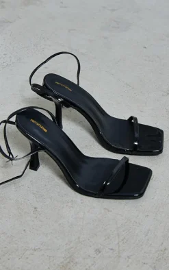 Black PU Square Toe Barely There Mid Heeled Sandals