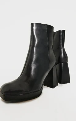 Black PU Square Toe Block Heeled Ankle Boots