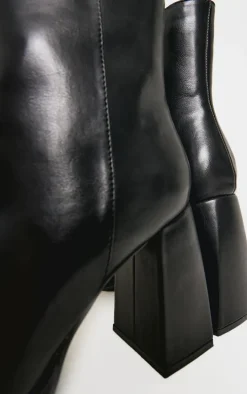 Black PU Square Toe Block Heeled Ankle Boots