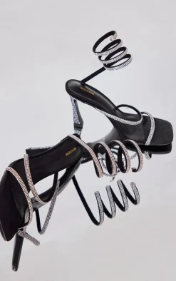 Black PU Square Toe Diamante Spiral High Heeled Sandals