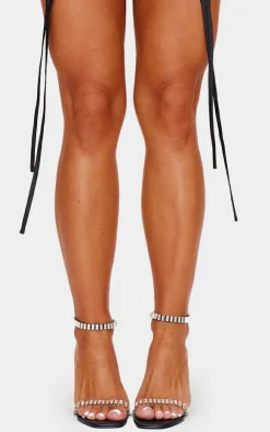 Black Pu Square Toe Diamante Strap High Heeled Sandals