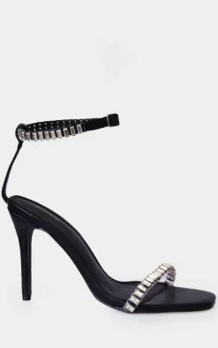 Black Pu Square Toe Diamante Strap High Heeled Sandals