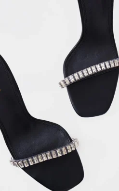 Black Pu Square Toe Diamante Strap High Heeled Sandals