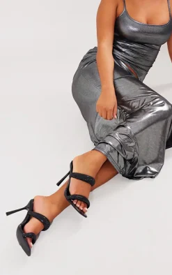 Black Pu Square Toe Diamante Padded Strap Heeled Mules