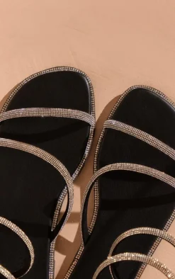 Black PU Square Toe Diamante Spiral Strap Flat Sandals