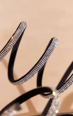 Black PU Square Toe Diamante Spiral Strap Flat Sandals