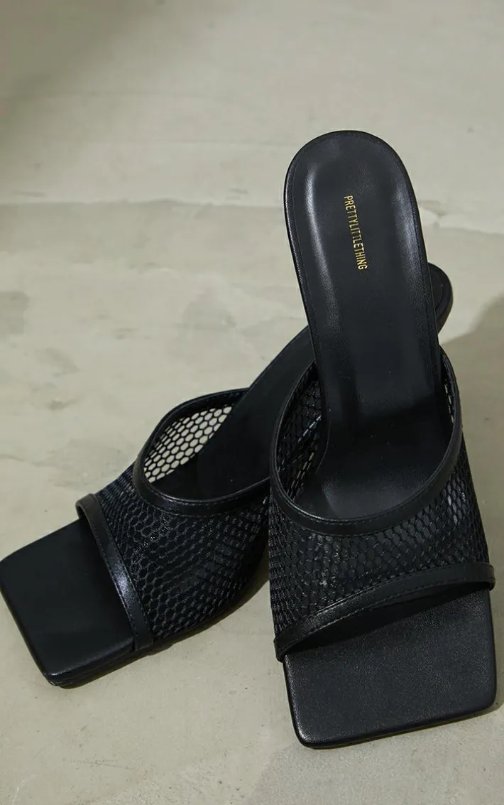Black PU Square Toe Fish Net Low Heeled Mules
