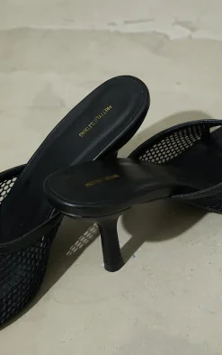 Black PU Square Toe Fish Net Low Heeled Mules