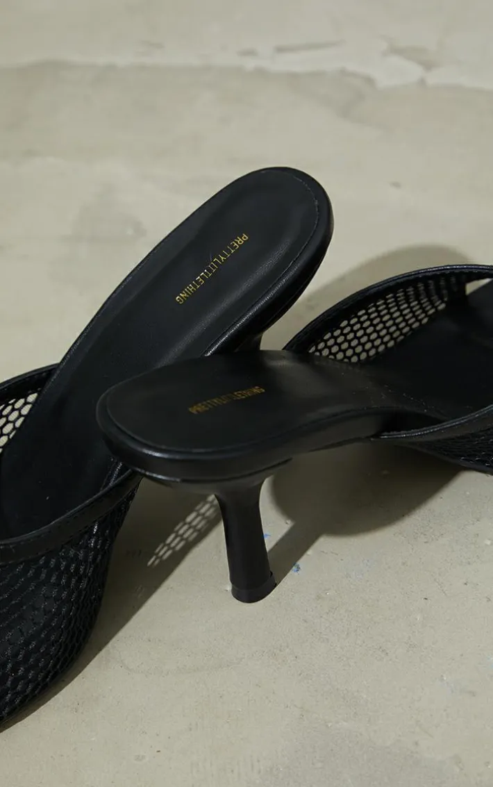 Black PU Square Toe Fish Net Low Heeled Mules