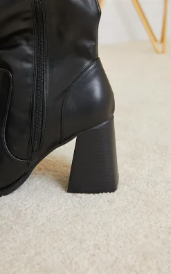 Black PU Square Toe Flare Block Heel Knee High Boots