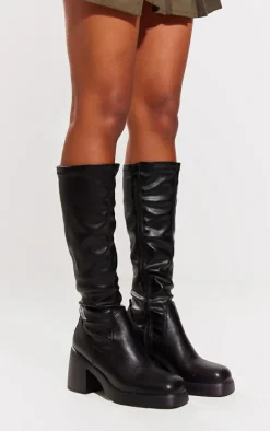 Black PU Square Toe Knee High Block Heel Platform Boots