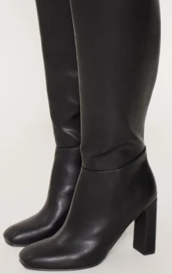 Black PU Square Toe Knee High Zip Block High Heel Boots