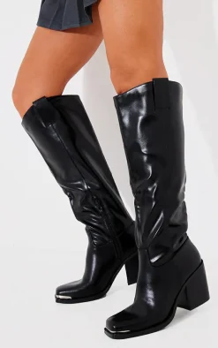 Black PU Square Toe Knee High Block Heeled Western Boots