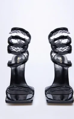 Black PU Square Toe Lace Trim Spiral Strap Heeled Sandals