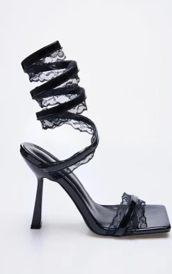 Black PU Square Toe Lace Trim Spiral Strap Heeled Sandals