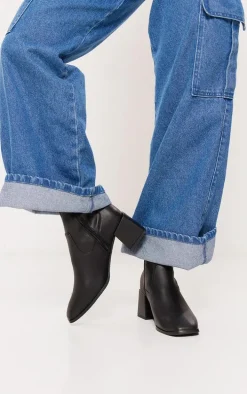 Black PU Square Toe Low Block Heel Stretch Ankle Boots