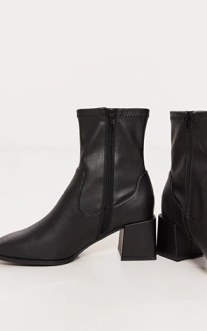Black PU Square Toe Low Block Heel Stretch Ankle Boots