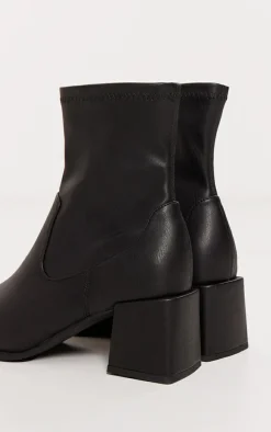 Black PU Square Toe Low Block Heel Stretch Ankle Boots