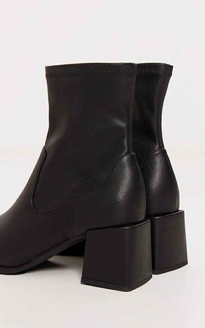 Black PU Square Toe Low Block Heel Stretch Ankle Boots