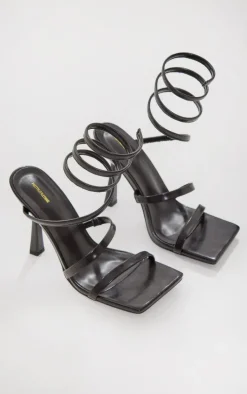 Black PU Square Toe Spiral Strap High Heeled Sandals