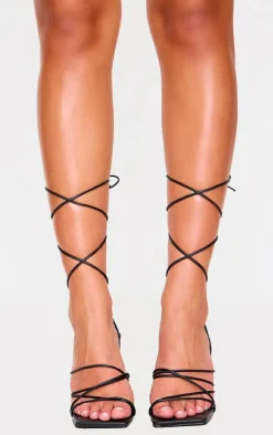 Black Pu Square Toe Strappy Lace Up Heel Sandals