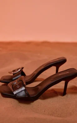 Black PU Square Toe Western Buckle High Stiletto Heeled Mules