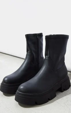 Black Pu Textured Extreme Cleated Sole Ankle Sock Boots