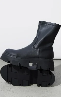 Black Pu Textured Extreme Cleated Sole Ankle Sock Boots