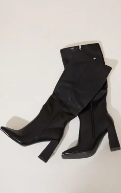 Black PU Toe Cap Flare Heeled Knee Boots