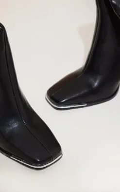 Black PU Toe Cap Flare Heeled Knee Boots