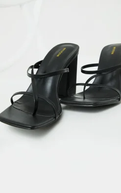 Black PU Toe Loop Strappy Block Heeled Mules