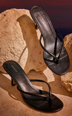 Black Pu Toe Thong Heeled Mules